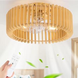 Wood Caged Ceiling Fans with Lights and Remote,Farmhouse Flush Mount Ceiling Fan with Light, Rustic Ceiling Fans Low Profile Bladeless Wooden Fandelier for Bedroom,Dining Room,Kitchen(‌Natural)