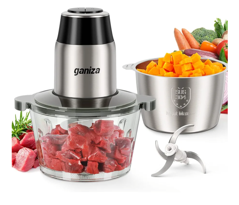 GANIZA Food Processors, Electric Food Chopper with Meat Grinder & Vegetable Chopper - 2 Bowls (8 Cup+8 Cup) with Powerful 450W Copper Motor - Includes 2 Sets of Bi-Level Blades for Fruits/Meat/Nuts