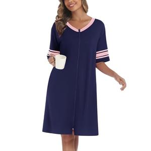 Ekouaer Women's Zip Up Robe Color Block Bathrobe with Zip Summer Robes Soft Sleepwear Navy Blue M