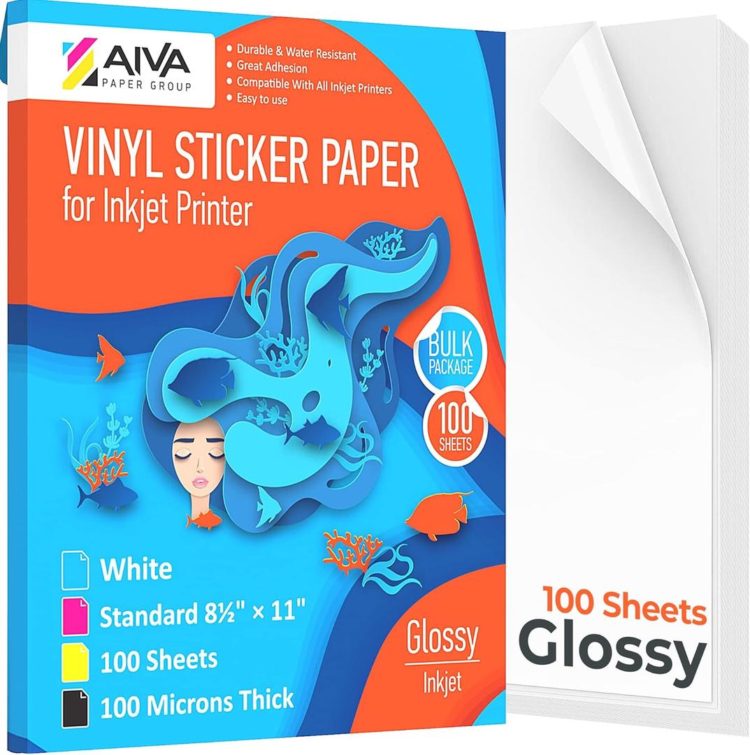Printable Vinyl Sticker Paper - Waterproof Decal Paper for Inkjet Printer - 100 Self-Adhesive Sheets - Glossy White - Standard Letter Size 8.5"x11"