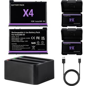 Fantasyo X4 Battery 2 Packs of 2500mAh + 1 Triple Channel Fast X4 Battery Charge Hub, X4 Replacement Battery with X4 Charging Cable & X4 Battery Charger, Only Compatible with Insta360 X4 Camera