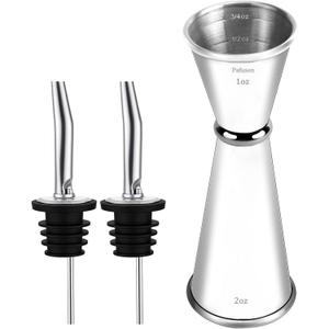 Pafusen Jigger for Bartending with 2 Pourers, Japanese Jiggers with 5 Measurements Inside, Jiggers 2 OZ 1 OZ, Shot Measure Jiggers, Bar jigger Bartender Tool Accessories, (Silver, 1 Jigger+ 2 Pourers)