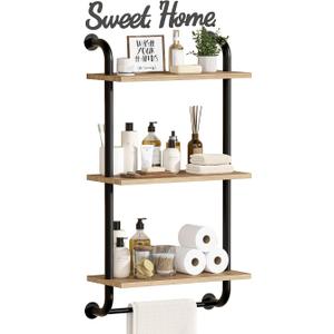Tinpin Bathroom Shelves Wall Mounted, 3Tier Rustic Wood Wall Shelf, 17.3 inch Industrial Pipe Floating Shelf for Bathroom,Kitchen,Bedroom,Living Room,Brown