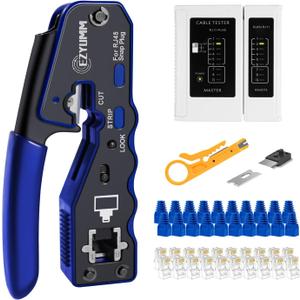 RJ45 Crimp Tool Kit, Pass Through Ethernet Crimper, Professional Ethernet Crimping Tool Kit, RJ45 Crimp Tool and Tester(9V Battery Not Included) All-In-One Kit for Cat5e Cat6 Cat6a 8P8C
