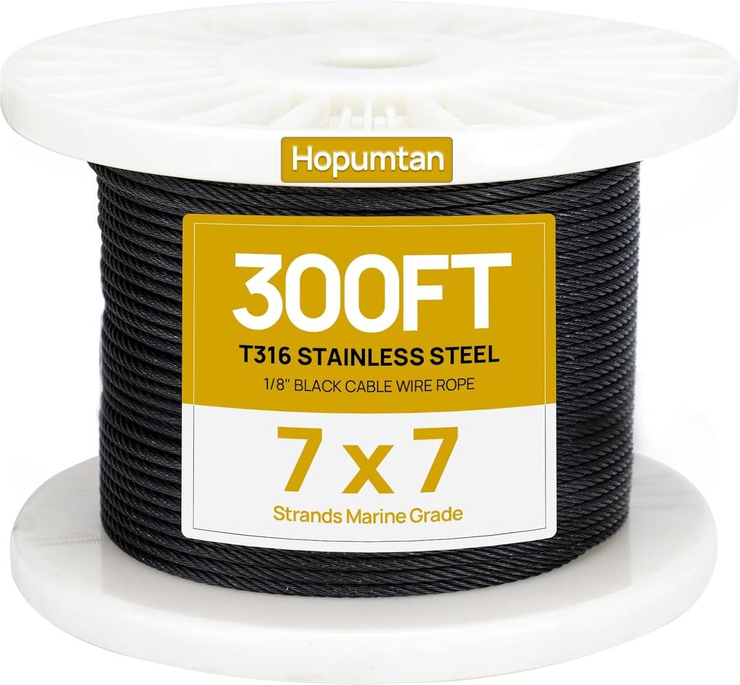 300ft 1/8" Black Cable Wire Rope T316 Stainless Steel Wire Rope Aircraft Cable Railing Hardware Deck Fence Railing System 7x7 Strands for Indoor Outdoor HW02
