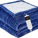 Qieryun Heated Blanket Electric Throw, Soft Flannel Heating Blanket with 8 Hours Auto Off 10 Fast Heating Levels Machine Washable Sherpa Heated Blanket with Overheating Protection, Blue