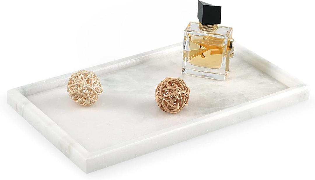 Koville African Natural Marble Tray, 12"x7" Coffee Table Vanity/Decorative Tray for Jewerly, Watch, Perfume Candle Tray for Bedroom/Bathroom/Kitchen Countertop (White Marble-namib Fantasy)