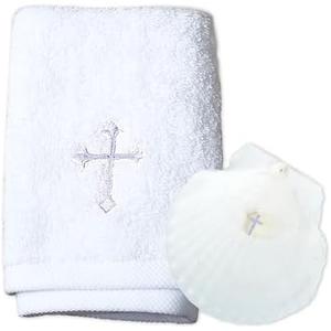 Baptism Towel with Baptism Shell Set - Baptism Towel for Boys and Girls, White Christening Cloth with Embroidery Cross, 100% Cotton Baptismal Cloth Baptismal Gifts for Infants Toddlers Kids (SILVER)