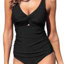 ZAFUL Women's Tankini Swimsuits Twist Front Tummy Control High Waisted Bikini Sets Two Piece Bathing Suits (Medium, 1-black)