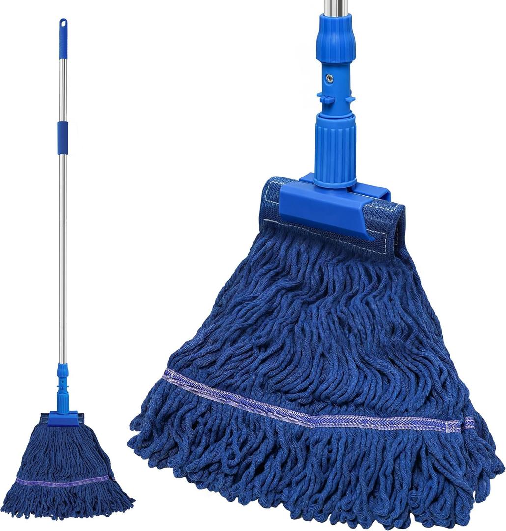 NEWE Commercial Mop for Floor Cleaning, Heavy Duty Industrial Mops with 55 inches Long Handle, Looped-End Wet Dry String Mop for Hardwood Tile Concrete Home Kitchen Office Garage (Blue)