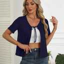 Womens Tie Front Cardigan Lightweight Short Sleeve Cardigans for Women Trendy Open Front (Blue, S)