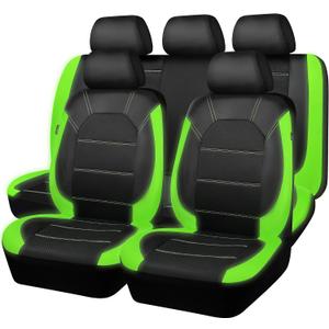 CAR PASS Luminous Green Leather seat Covers Universal Sport car seat Cover, 5mm Composite Sponge Inside, Airbag Compatible fits Most Cars, SUVs,Trucks,Vans (Full Set,Black with Green)