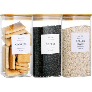 3 Pack Square Glass Kitchen Storage Jars with Airtight Bamboo Lids and 132 Pantry Labels - 54oz Glass Canisters with Wood Lids - Food Storage for Sugar, Rice, Pasta, Cereal