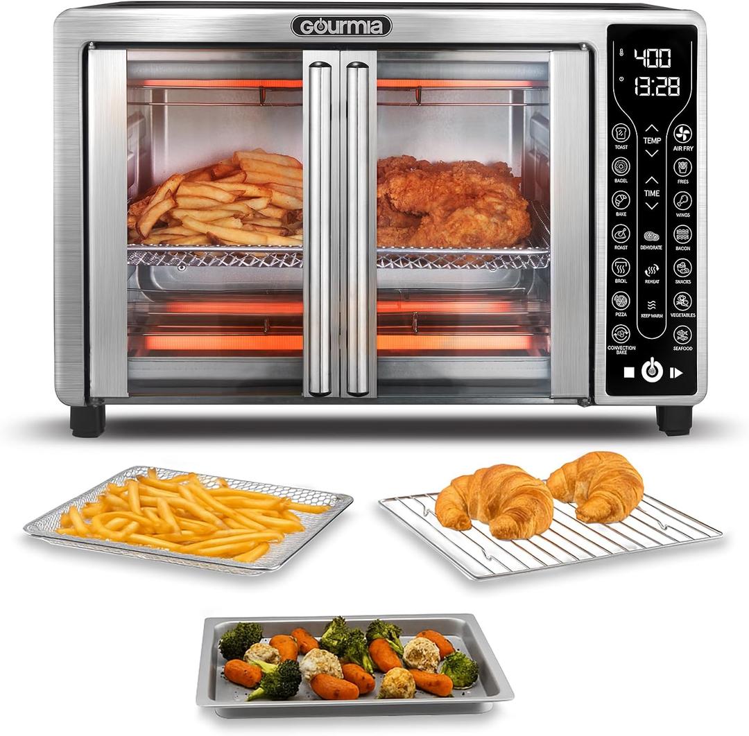 Gourmia French Door Air Fryer 25 Qt Large Capacity Convection Oven, Fryfroce 360, Digital Display with 17 Cooking Presets, Bake, Toast, Roast, Dehydrate, Fits 12 Pizza