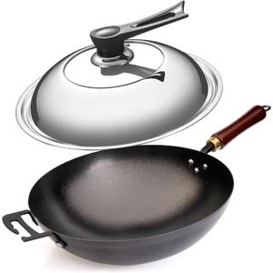 Xinzchuo Wok，Carbon Steel Wok Pan, Non-Stick Iron Wok Carbon Steel, woks & stir-fry pans，Wok with lid on wooden handle，Chinese-style large capacity，14 inches, round bottom cooking