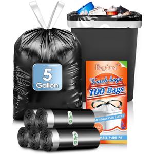 5 Gallon (fit 18-20L)100 Counts Strong Drawstring Trash Bags Garbage Bags by RayPard, Small Plastic Trash Bags Trash Can Liner for Home Office Kitchen Bathroom Bedroom, Black Waste Basket Liners