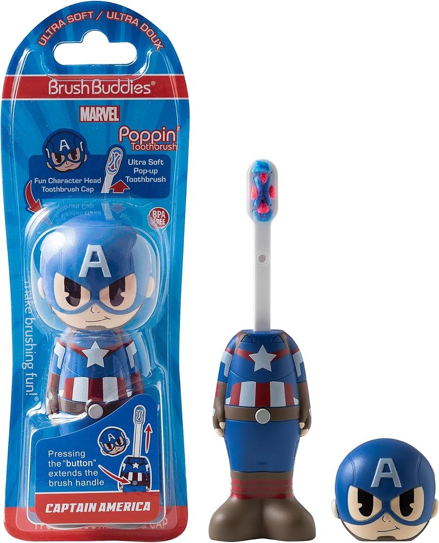 Brush Buddies Marvel Captain America Kids Toothbrush Soft Rounded Bristles Poppin' Fun Superhero Toothbrush Cover Easy Grip Handle Gentle Cleaning for Toddlers & Kids Ages 2+ Travel Friendly Oral Care