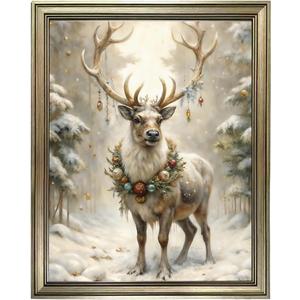 Vintage Framed Reindeer Wall Art Winter Canvas Print Home Decor Deer Picture Painting Christmas Decorations (10"L x 8"W)