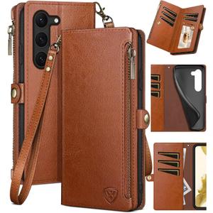 XcaseBar for Samsung Galaxy S23 5G Wallet case with Zipper RFID Blocking Credit Card Holder, Flip Folio Book PU Leather Phone case Shockproof Cover Women Men for Samsung S23 case Light Coffee