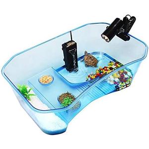 Turtle Tank with Multi-Function Areas, Easy Assembly, Ideal for Small Turtles & Reptiles, Includes Plastic Tree & Fishing Net (Blue)