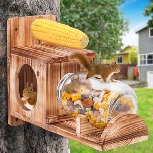 Squirrel Feeder, Wood Squirrel Feeders for Outside, Chipmunk Feeder for Corn Peanuts, Removable Storage Bottle, 1 Stable Squirrel Stools