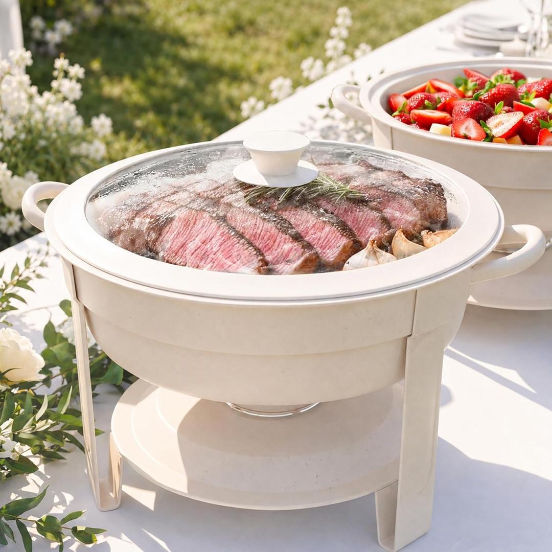 6QT Round Chafing Dish Set of 2, White Granite Finish Stainless Steel with Transparent Lids Elegant Buffet Servers & Warmers, Stackable Storage | Wedding, Catering, Party