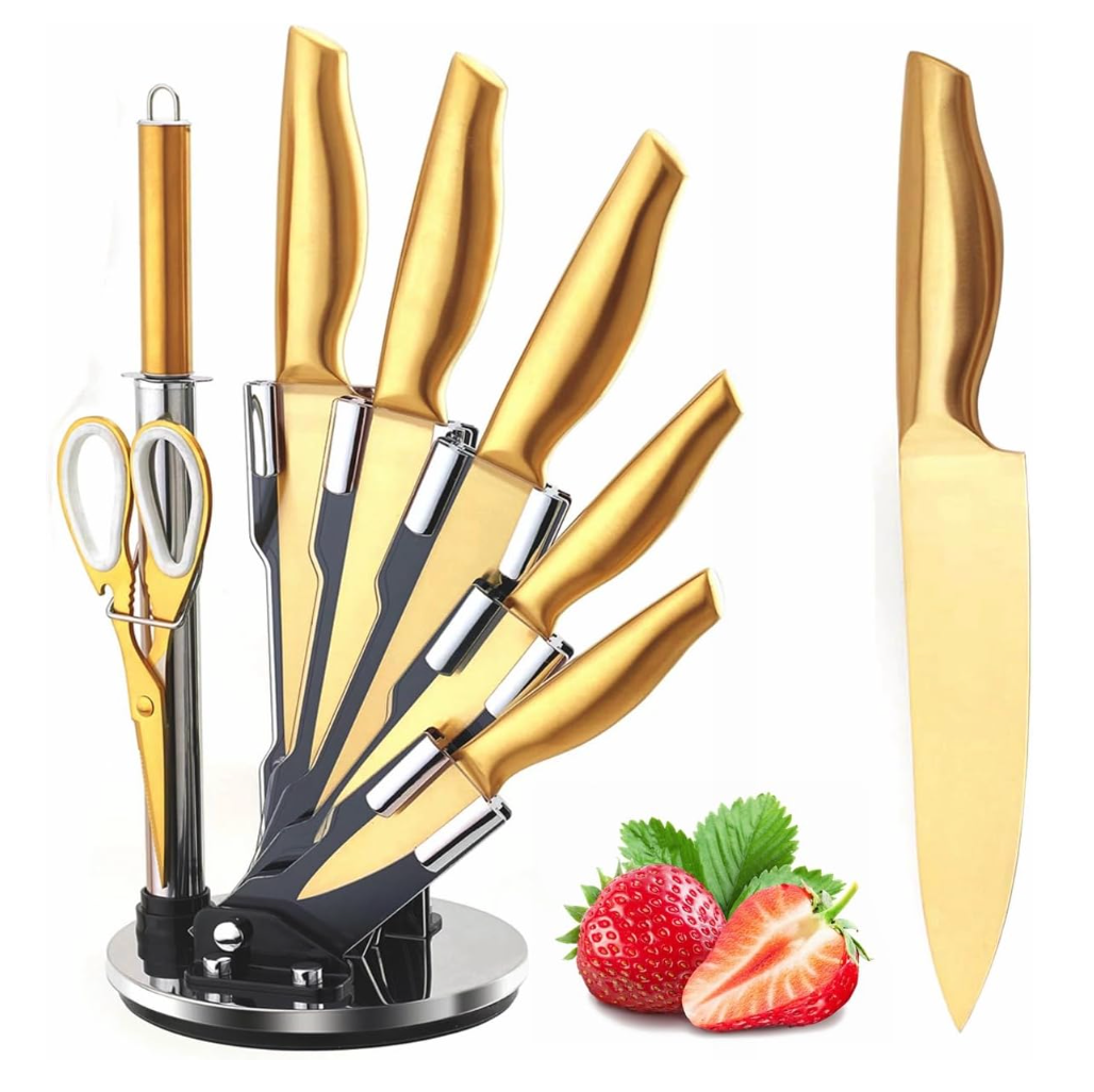 Gold Kitchen Knife Set with Block, Gold Titanium-Coated High Carbon Stainless Steel Non-Rust Chef Knives,Ideal Gifts for Wome Home Cooking