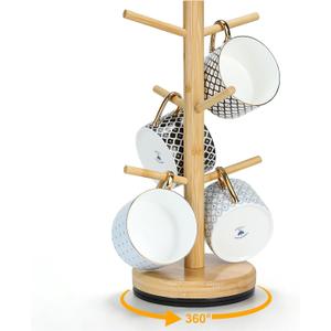 360 Rotated Mug Holder Tree with 6 Hooks, Upgraded Bamboo Mugs Holders for Counter, Non-Slip Cup Stand Organizer for Coffee Bar Accessories