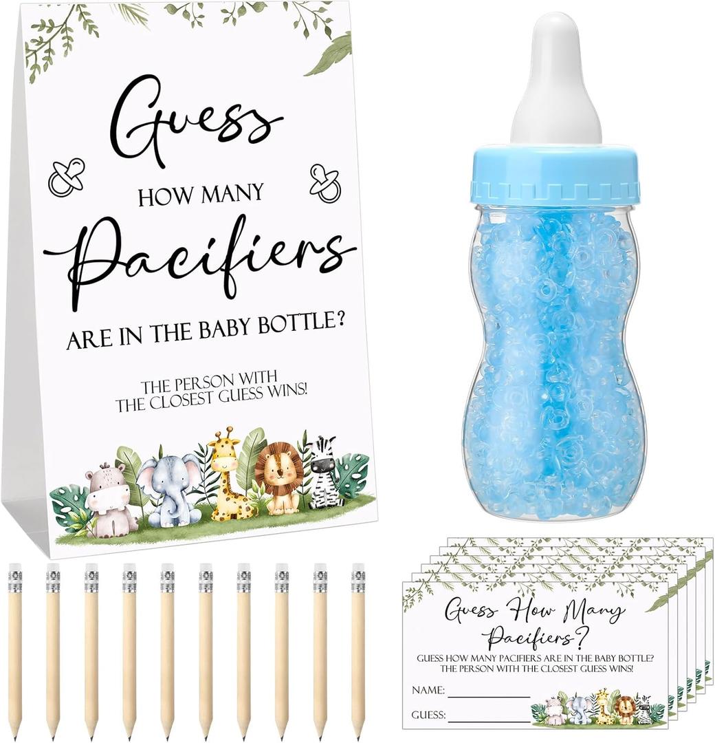 Roowest 512 Pcs Baby Shower Games Guess How Many Pacifiers Sign 100 Small Guessing Games 10 HB Pencils 750ml Milk Bottle 400 Acrylic Pacifiers Decoration for Guest Gender Reveal(Blue,Animal)