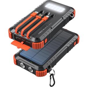 Power-Bank-Solar-Charger 45800mAh Fast Charging with 3 Built-in Cables LED Flashlight Portable External Battery Pack Compatible with All Smartphone, Tablet, Drone, Camera, etc. (Orange)