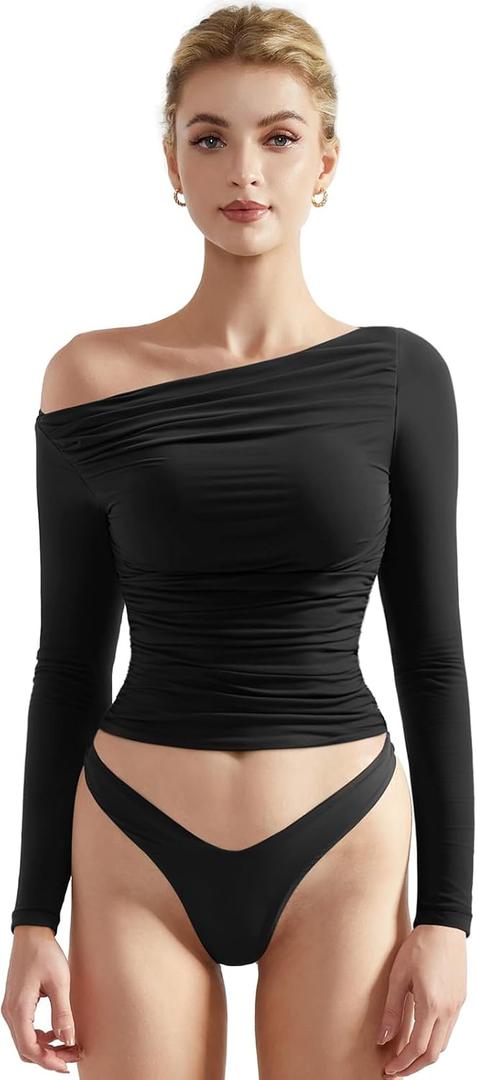 SUUKSESS Women Off Shoulder Long Sleeve Shirts Double Lined Fitted Crop Tops (Medium, Black)