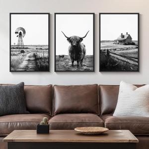 Framed Highland Cow Wall Art for Living Room, 3 Piece Black and White Farmhouse Canvas Artwork for Walls, Vintage Rustic Barn Western Farm Picture Prints for Bedroom Dining HallWay Wall Decor 16x24 In, 16" W x 24" H x 3Pcs
