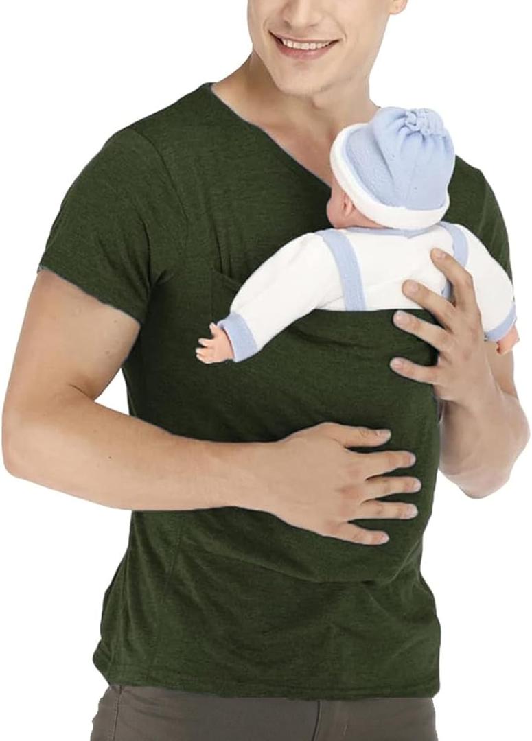Kangaroo Shirt for Dad and Baby With Pouch - V Neck T-Shirt Baby Carrier (X-Large, Green)