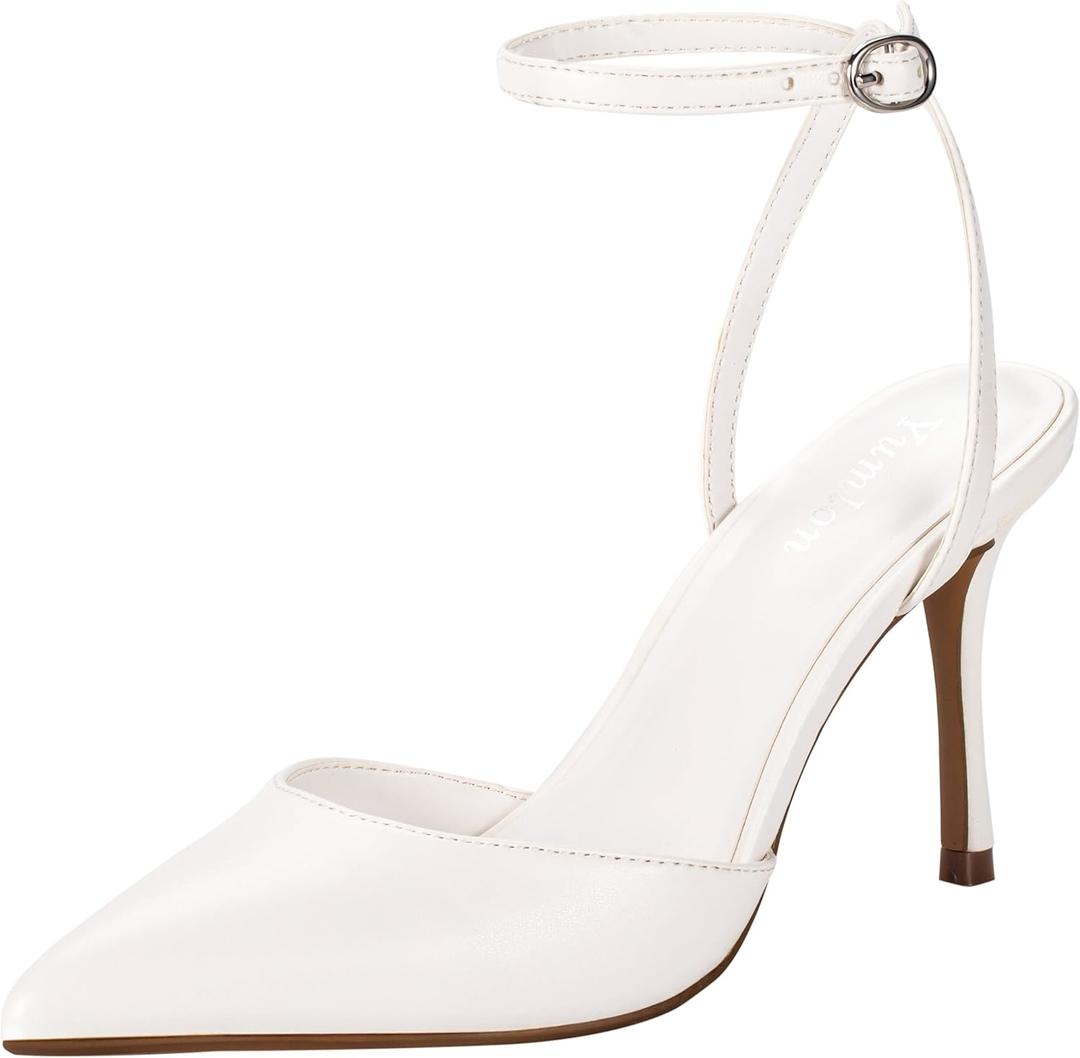 Closed Toe Slingback Heels Wedding High Stiletto Heel for Women Pumps 3.3 Inch Ankle Strap Pointed Toe Heels (11, White)