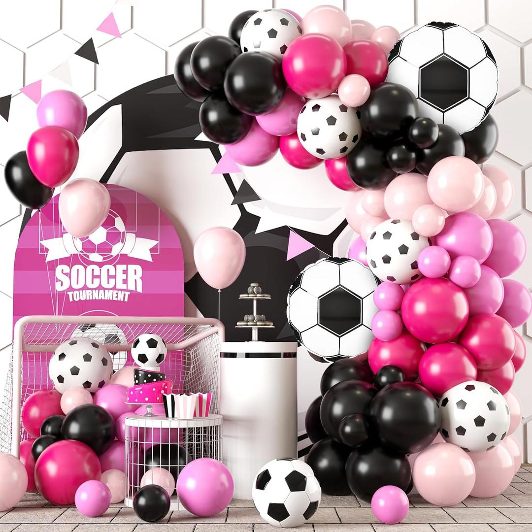 Soccer Party Balloon Garland Arch Kit, Black Hot Pink Decorations With Foil Balloon for Women Girls Kids Birthday Sports Theme, Football Party Decor Supplies