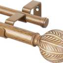 KAMANINA 1 Inch Wood Double Curtain Rods for Windows 66 to 120 Inches (5.5-10 Feet), Heavy Duty Decorative Curtain Rods, Wooden Drapery Rods with Leaf Pattern Finials, Wood Grain