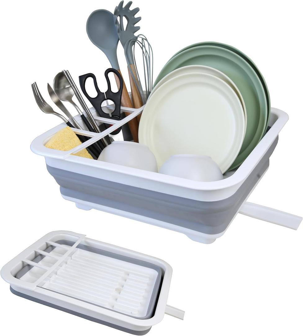 Collapsible Dish Drying Rack with Drain Plug and Swivel Spout - Lightweight, Compact and Space-Saving Dish Drainer Organizer for Kitchen, RV, Campers and Travel Trailers Collapsible Dish Drying Rack with Drain Plug and Swivel Spout - Lightweight, Compact and Space-Saving Dish Drainer Organizer for Kitchen, RV, Campers and Travel Trailers