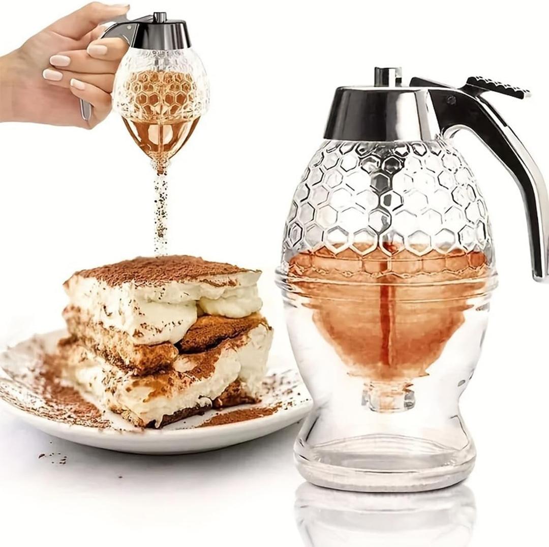 Honey Jar,No Drip Honey Dispenser with Stand - Honeycomb-Style Syrup Server and Bee-Themed Storage Jar - Clear Container for Honey, Maple Syrup