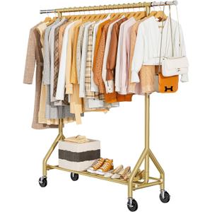 Heavy Duty Clothes Rack Load 450 LBS, Metal Garment Rack, Standing Rolling Clothing Rack for Hanging Clothes with Sturdy Wheels & Shelves, Portable Closet Wardrobe Rack,Gold
