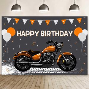 7x5 ft Motorcycle Birthday Backdrop Orange Motocross Racing Balloon Happy Birthday Party Decoration Extreme Sports Photography Background Supplies Boys Dirt Bike Bday Cake Table Banner