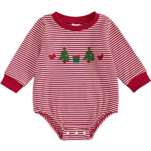 ZAXARRA Baby Christmas Sweatshirt Romper Striped Waffle Knit Jumpsuit Christmas Tree Embroidery Cute Boy Girl Holiday Outfit 12-18M