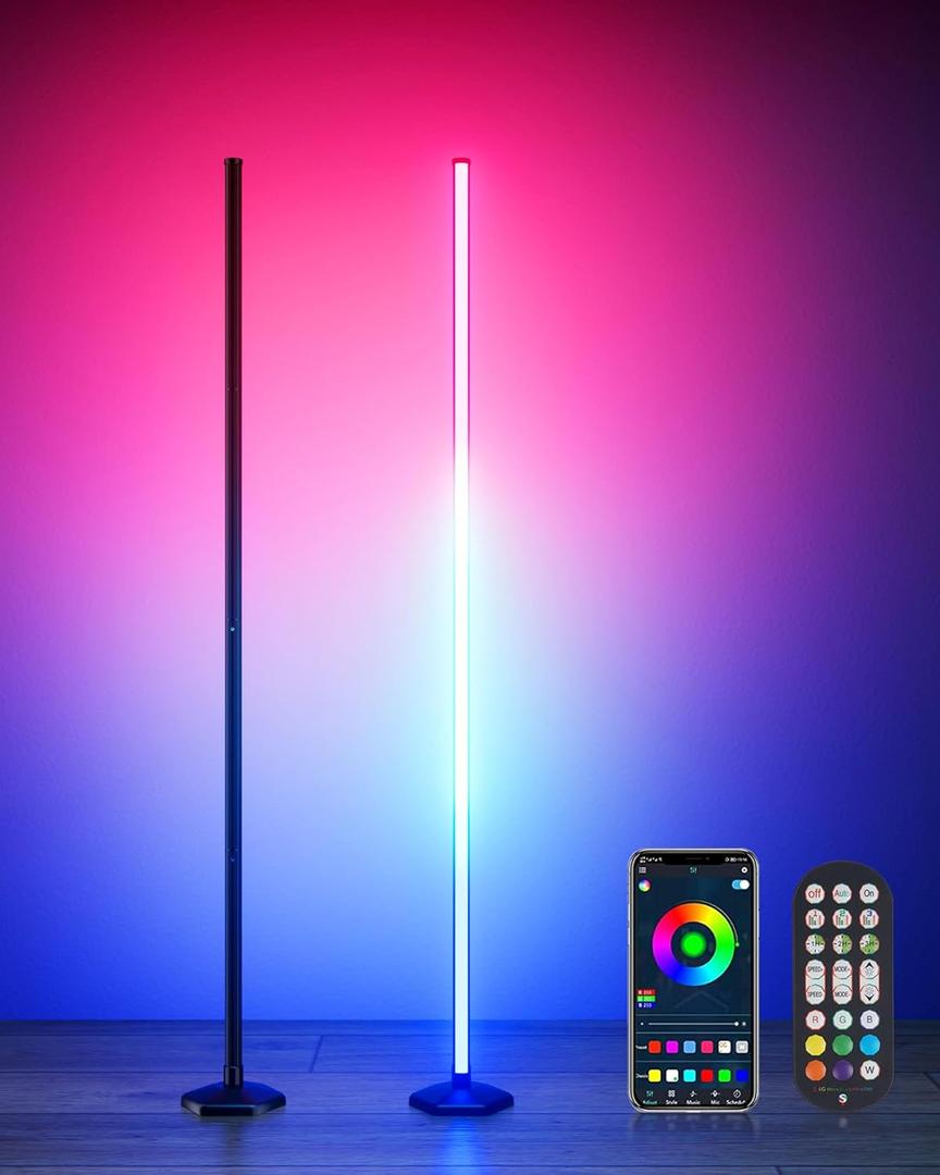 2PCS Smart RGB LED Corner Floor Lamp with App and Remote Control, 65" Color Changing Standing Lamp with Music Sync and 16 Million DIY Colors, Modern Floor Lamps for Bedroom Living Room Gaming Rooms, Black