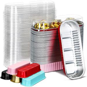 Qunclay 200 Pcs Aluminum Foil Mini Loaf Pans with Lids 6.8 oz Disposable Mini Cake Pan with Lid Rectangle Baking Cups for Party Muffin Cheesecake Ramekins (Multicolor)