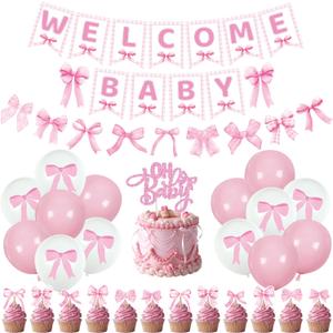 Holkcog Welcome Baby Decorations, Pink Bow Baby Shower Decor, Welcome Baby Girl Decor Kit, Bow Banner Pink and White Ballon, Cake Topper, Girls Gender Reveal Party Photo Props