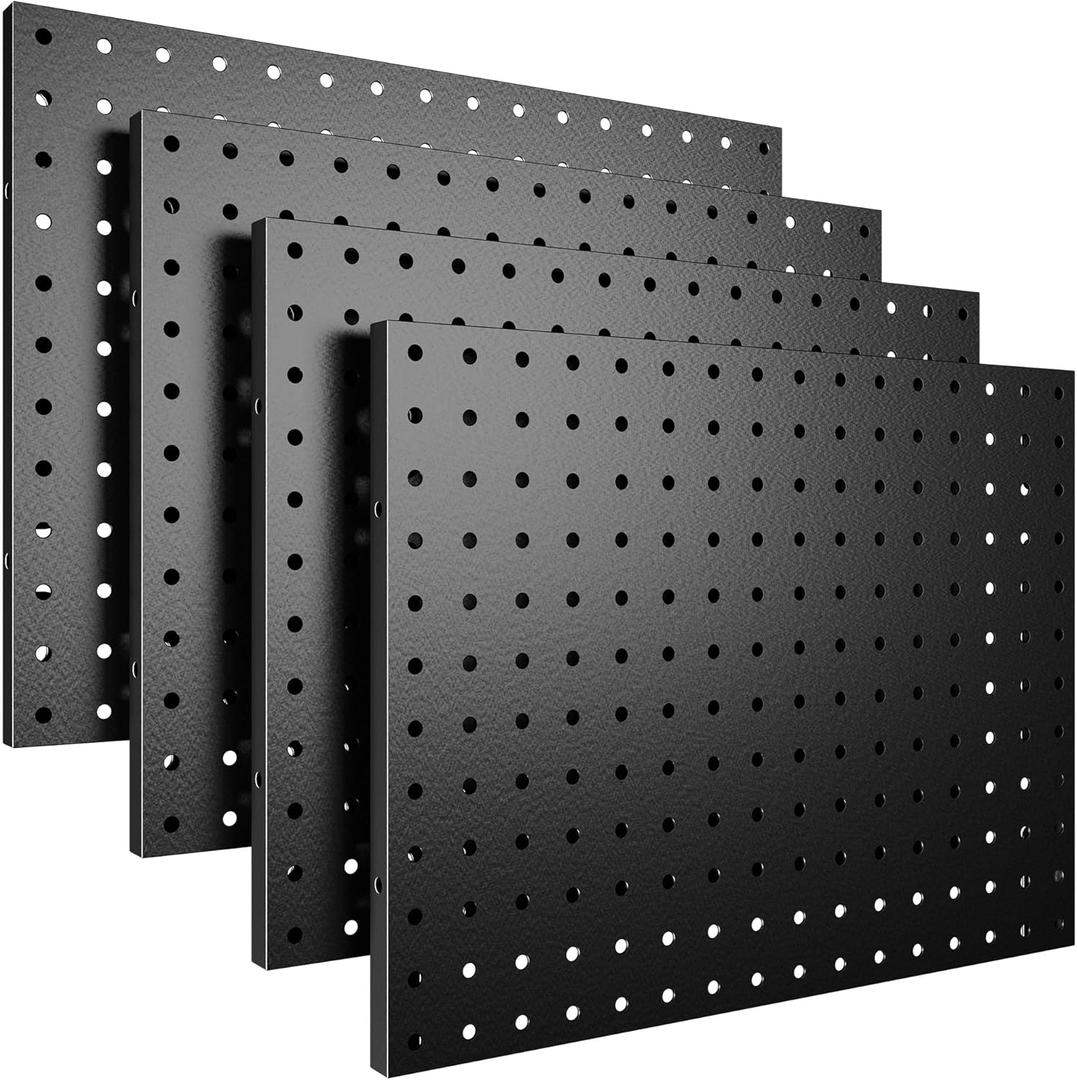 Peg Board, 4 Pack Metal Pegboard Panels Black Pegboards Wall Organizer, Tools Pegboard Storage System for Workbench, Garage Tool Storage, Office Organization, Wall Home, Craft Room (Black-16x12"- 4 Pcs without hooks)