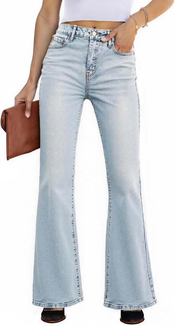 EMMIOL Flare Jeans for Women Trendy, Mid-High Waist Bootcut Bell Bottom Jeans, Stretchy Denim Y2K Pants with Pockets (Blue)