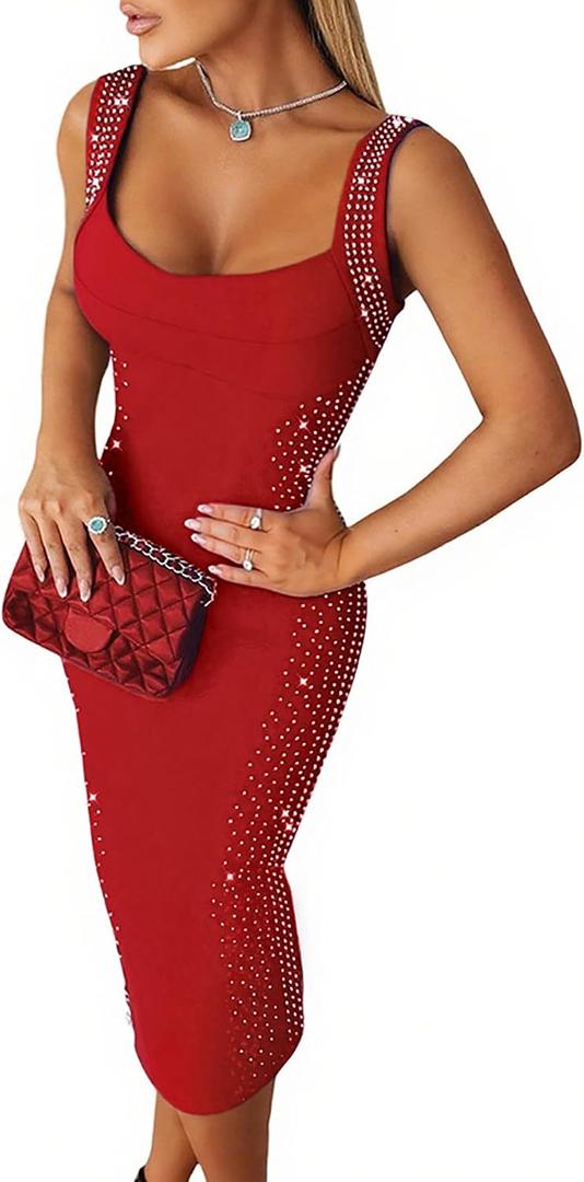 Womens Sexy Elegant Rhinestone Square Neck Sleeveless Bodycon Midi Dress Cocktail Party Club Night Out Dress (Red, XL)