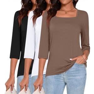 Ficerd 3 Pack 3/4 Sleeve Tops for Women Square Neck Shirts Loose Fit Casual Ladies Blouses Tops Fall Basic Tees(Large, Black, White, Coffee)