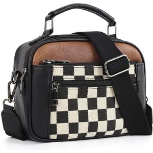 Checkered Crossbody Bags for Women Plaid Womens Cross Body Purses Checkerboard Leather Shoulder Bag Handbags (A02-black)