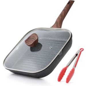 Kordisen Nonstick Grilling Pan with Lid for Stove Tops, 11 Inch Square Grill Pan for Indoor Cooking, Granite Coating Grill Skillet with Pour Spouts, Versatile Griddle, Induction Steak Pan, PFOA Free